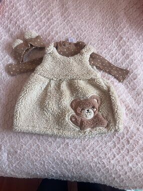 Cream Teddy Sherpa Dress with Brown Bear Accent - Kids Accessories